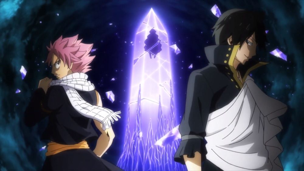 Natsu and Zeref in front of the Lumen Histoire in Fairy Tail's DOWN BY LAW opening