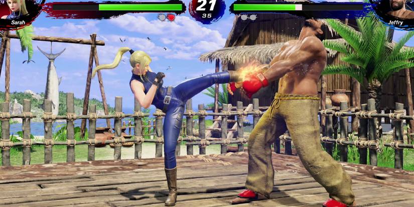 Sarah and Jeffry fight in a tropical island setting, Sarah dealing a devastating kick.