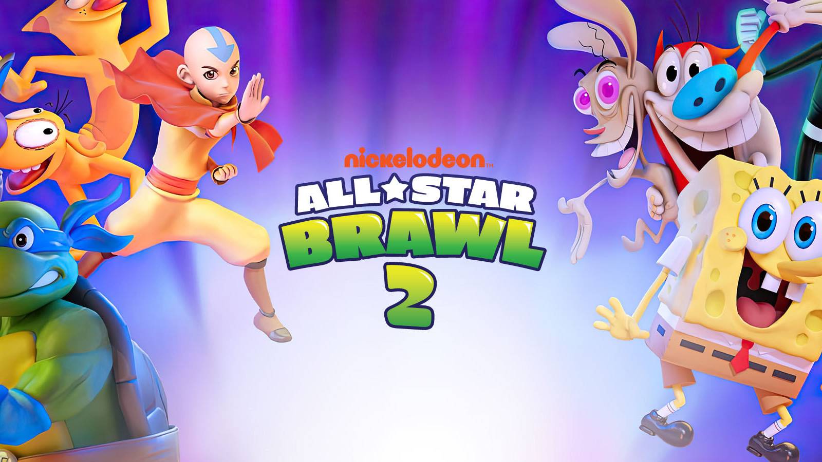 A logo for Nickelodeon All-Star Brawl 2, with Leonardo, SpongeBob SqaurePants, Aang, Ren and Stimpy and others surronding it.