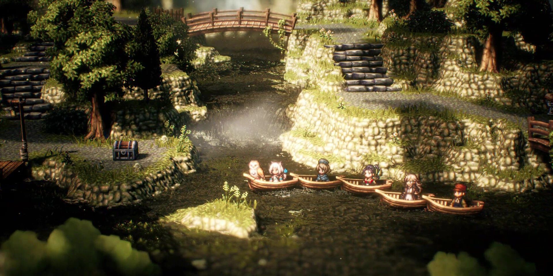Various Octopath Traveler 2 charactrers traveling in five different boats facing a treasure chest that is sitting on the shore
