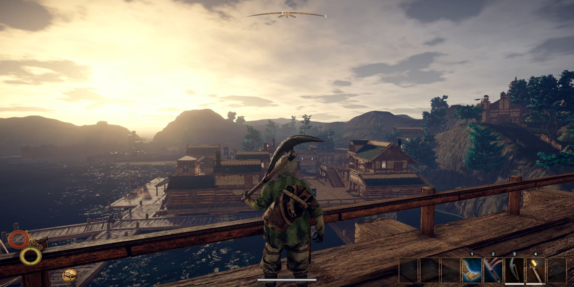 The player character standing in a seaside village in Outward.