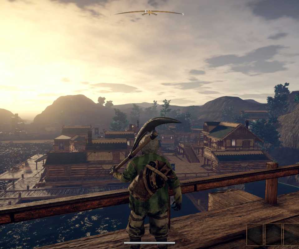 The player character standing in a seaside village in Outward.
