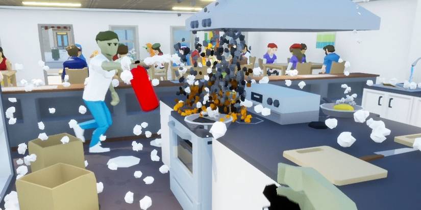 A screenshot featuring a chaotic kitchen from One-Armed Cook.
