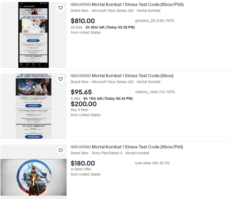 Mortal Kombat 1 stress test code ebay