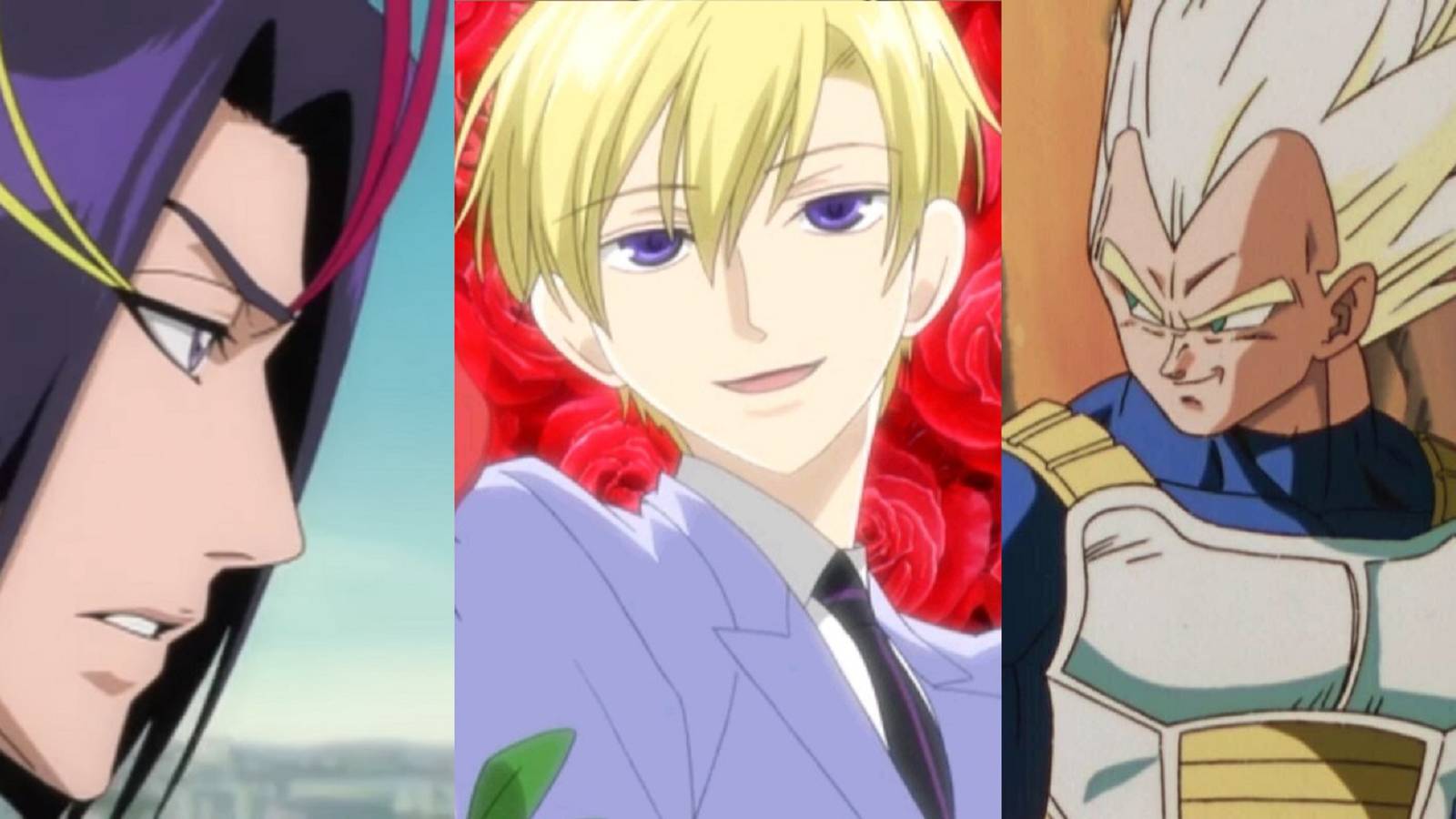 Split image of Yumichika Ayasegawa from Bleach, Tamaki Suoh from Ouran High School Host Club, and Vegeta from Dragon Ball Z
