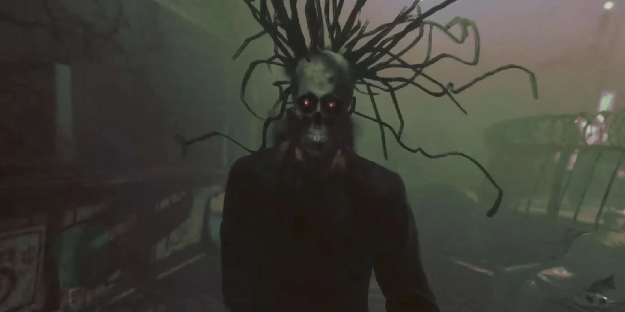 A man with a skeletal head, surrounded by black tendrils approaches the camera. 