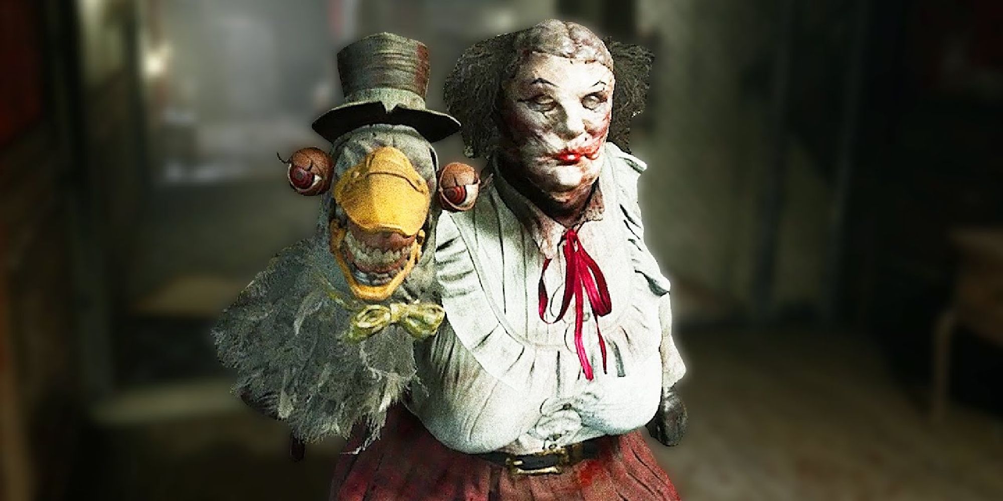 Mother Gooseberry from the Outlast Trials with a duck hand puppet. She has a face full of white paint, and fussy grey hair.