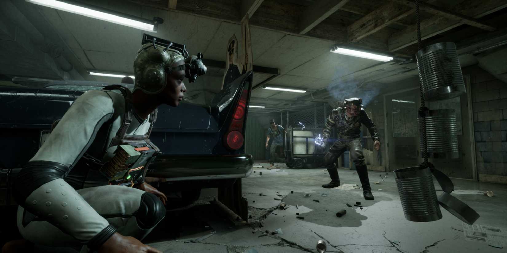 Players hiding from Leland Coyale as he searches the area with his stun baton in The Outlast Trials