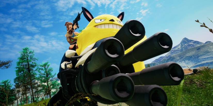 palworld main character and creature with a minigun