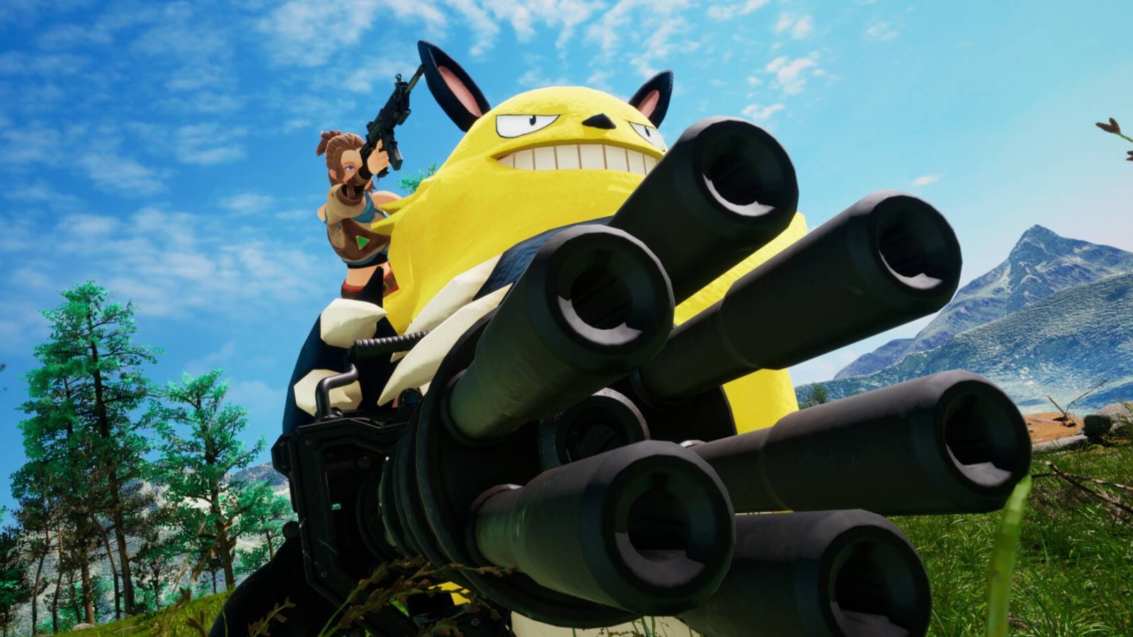 palworld main character and creature with a minigun
