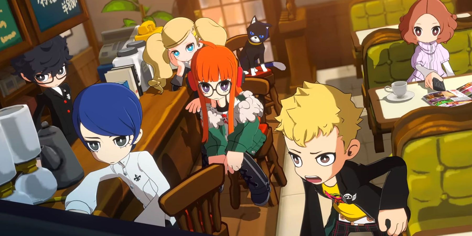 A screenshot of the Phantom Theives sitting in their coffee shop hangout in Persona 5 Tactica.