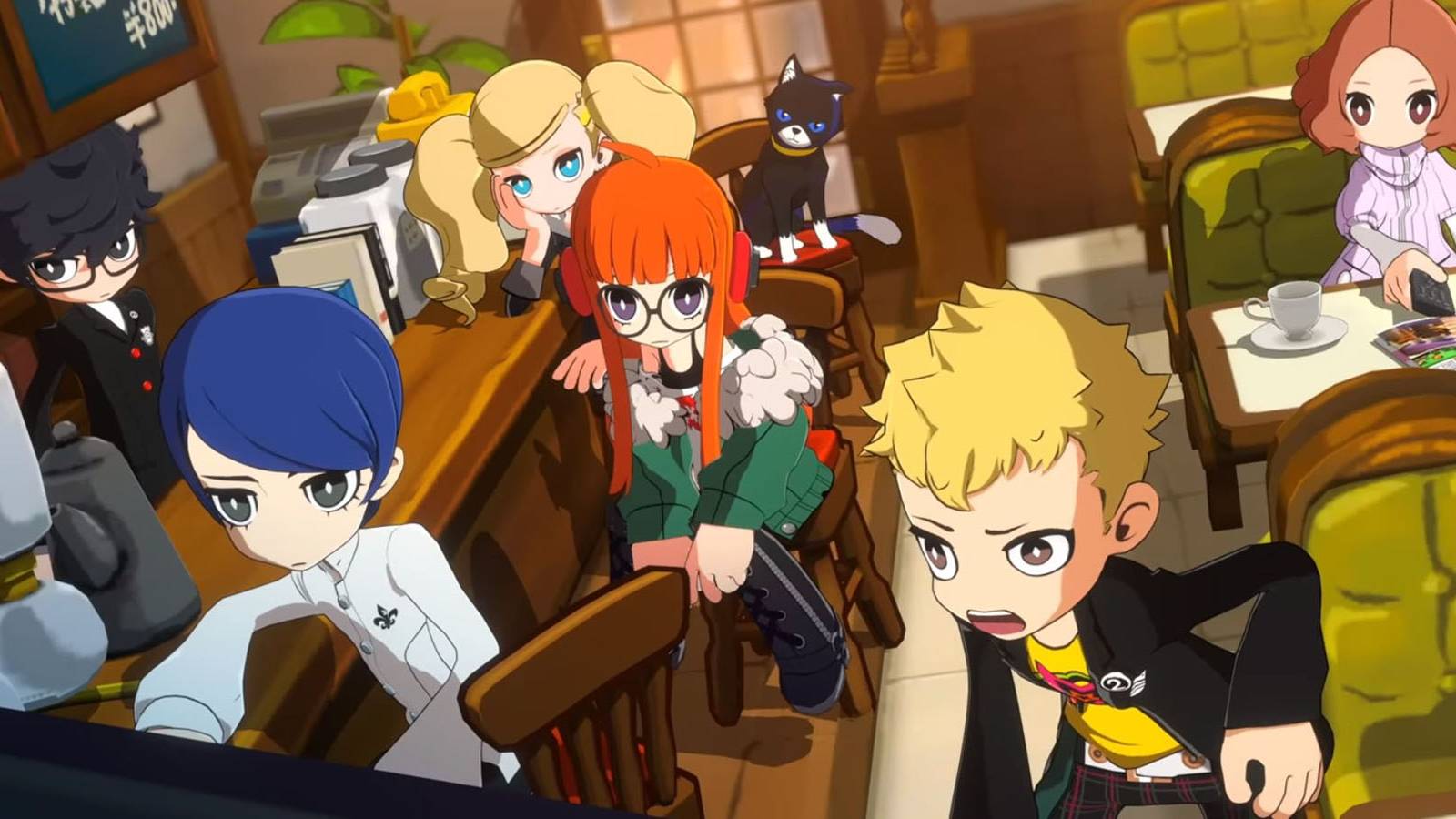 A screenshot of the Phantom Theives sitting in their coffee shop hangout in Persona 5 Tactica.