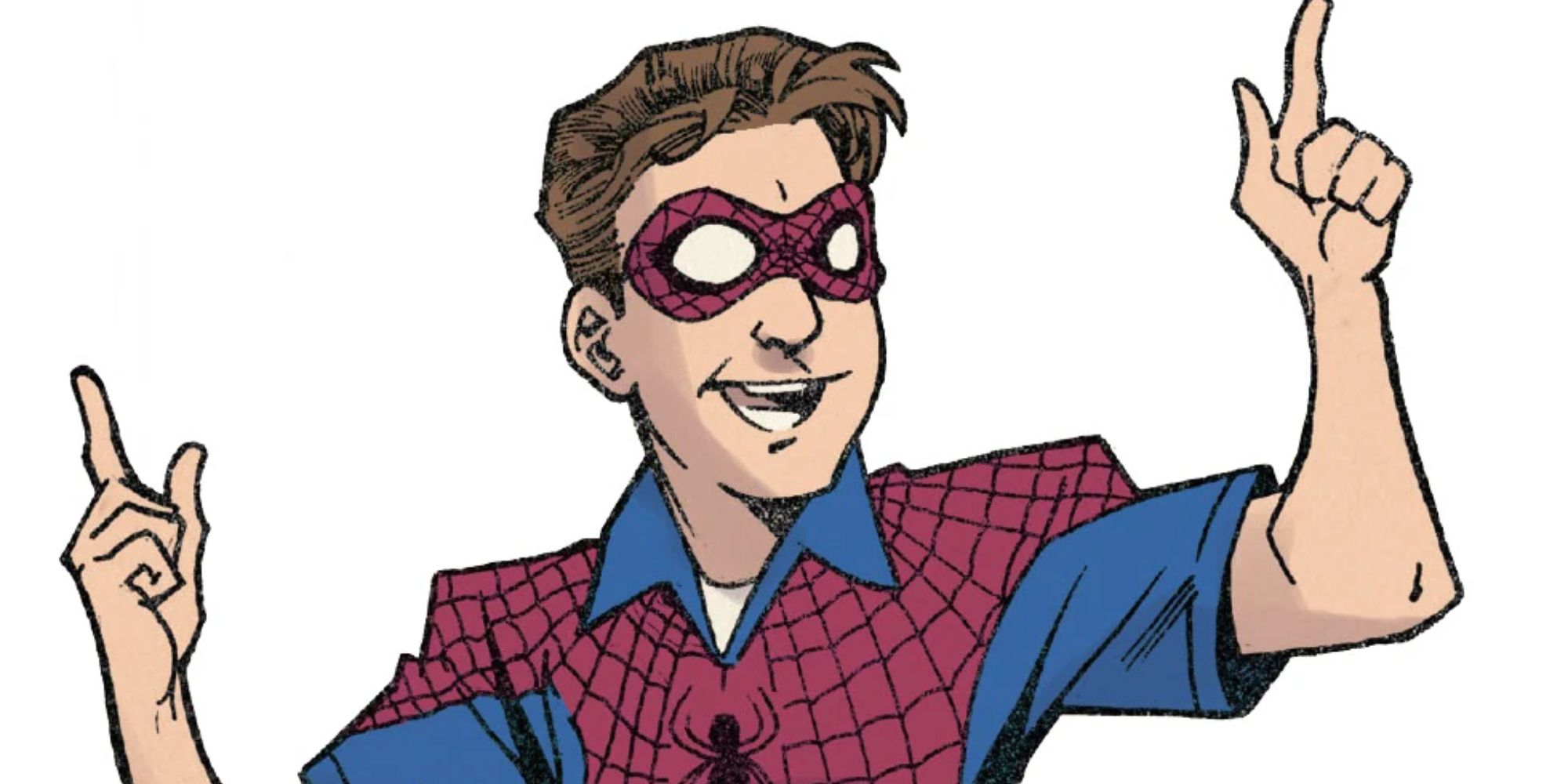 Peter Spiderman in a mask and Spider-Man shirt