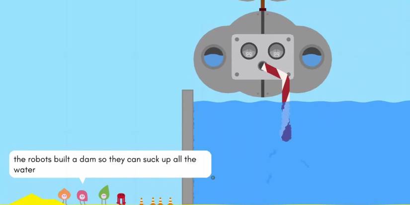 Pikuniku Giant Robot of The Lake with a giant straw, rebels and text 