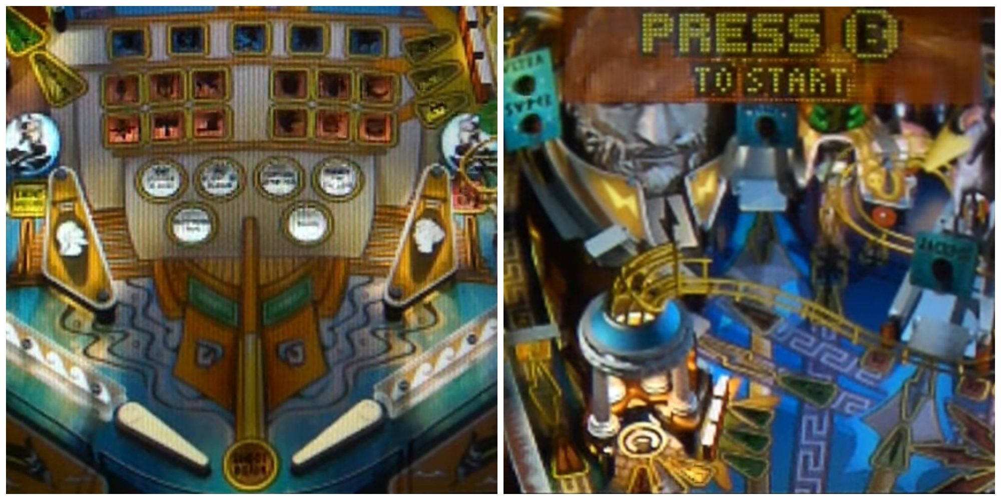 Pinball Pulse The Ancients Beckon split image of paddles and start machine