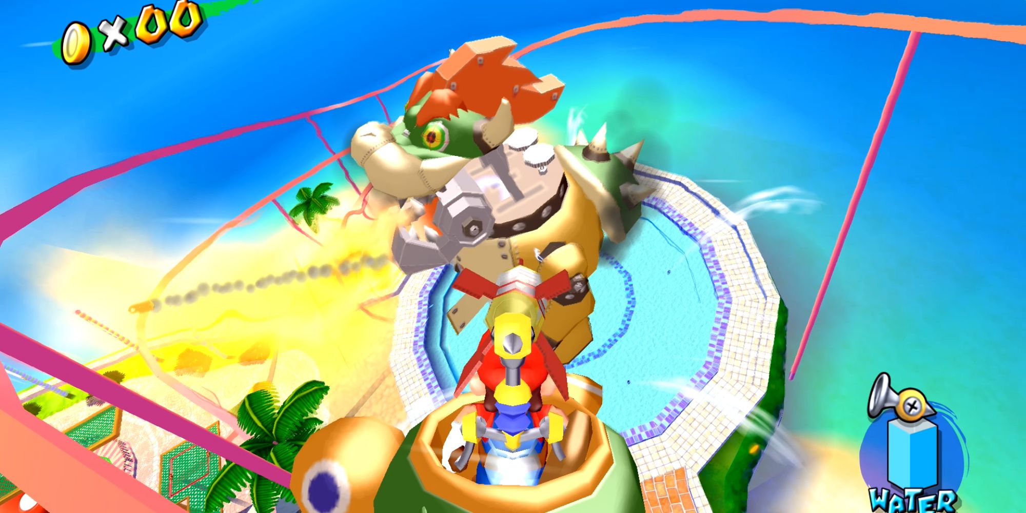 Mario on a rollercoaster above Mecha-Bowser