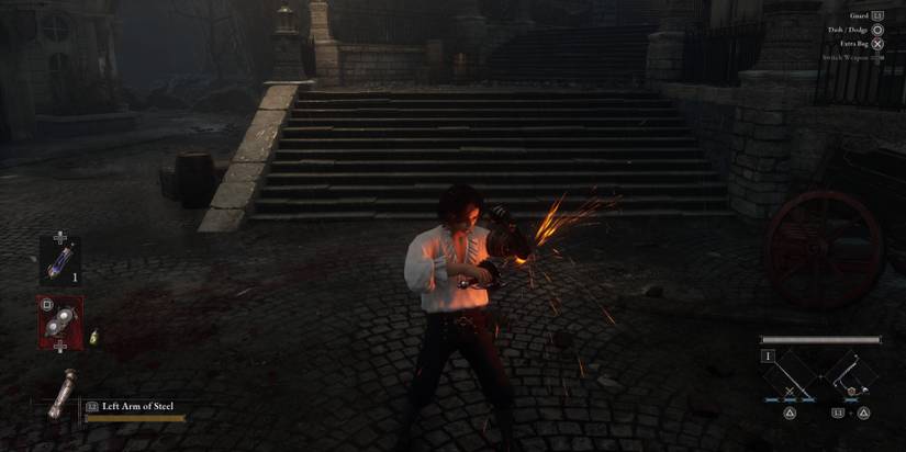 Pinocchio using grinder to fix weapons