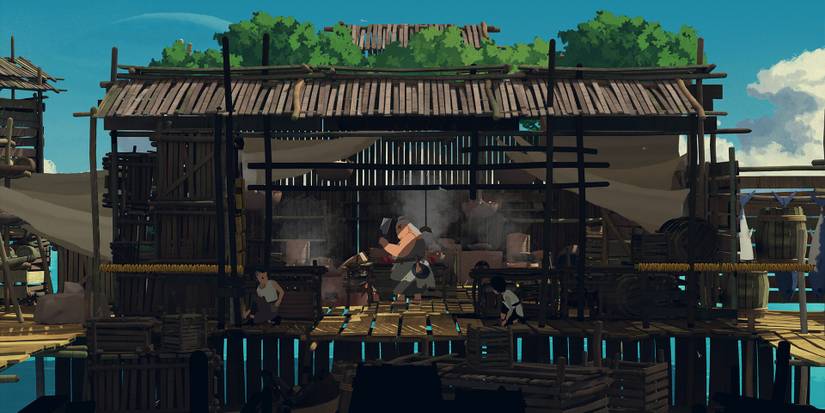 Lana and her sister hiding from a chef that is holding a knife in a hut in Planet of Lana