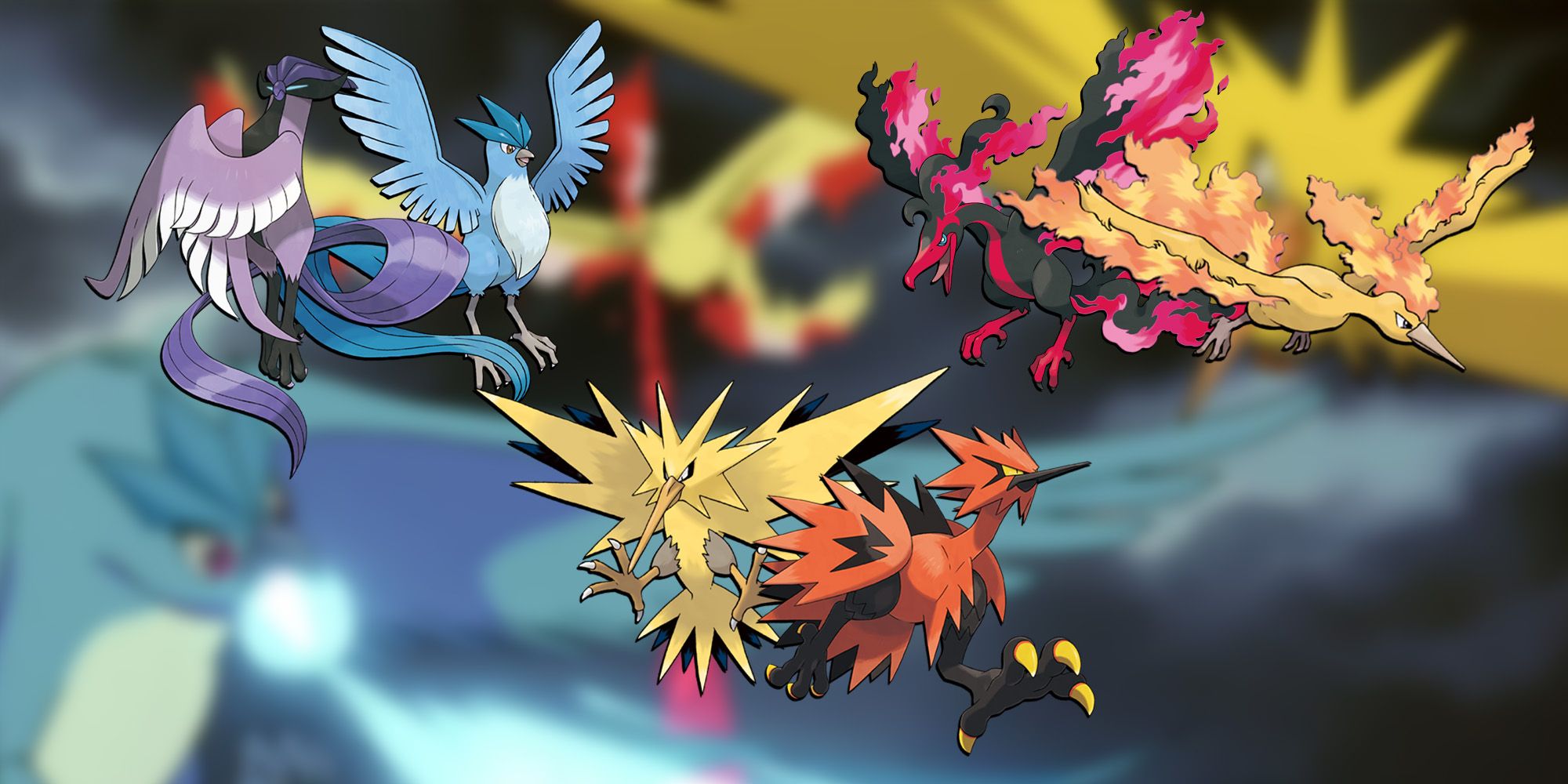 Pokemon - All Legendary Birds and their forms over image of 3 Legendary Birds as they appear in the anime