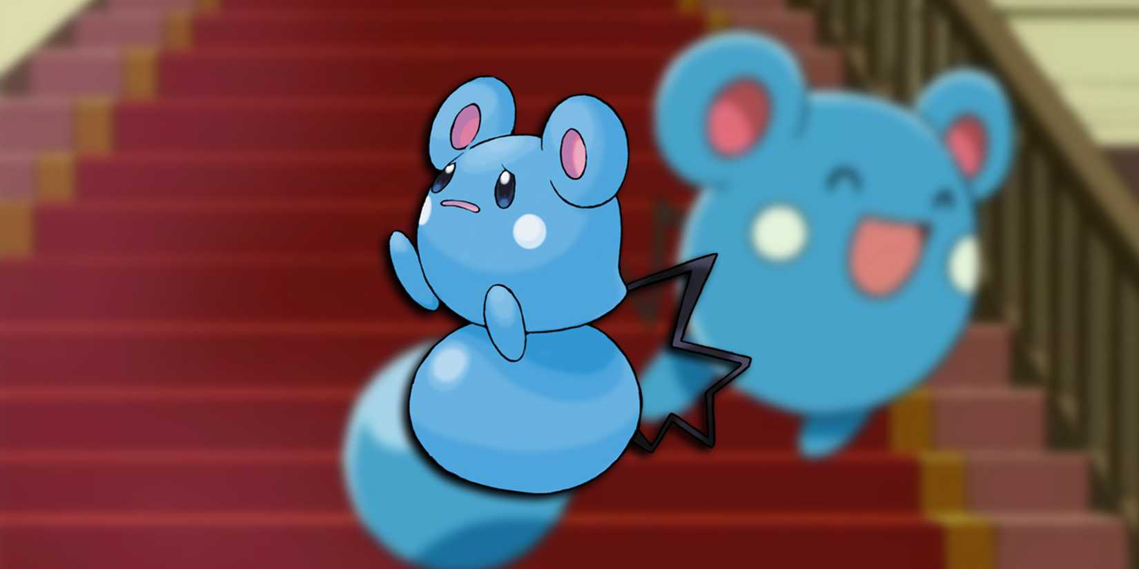 Pokemon - Azurill Looking Happy In Pokemon Anime With PNG Of Sad Azurill On Top