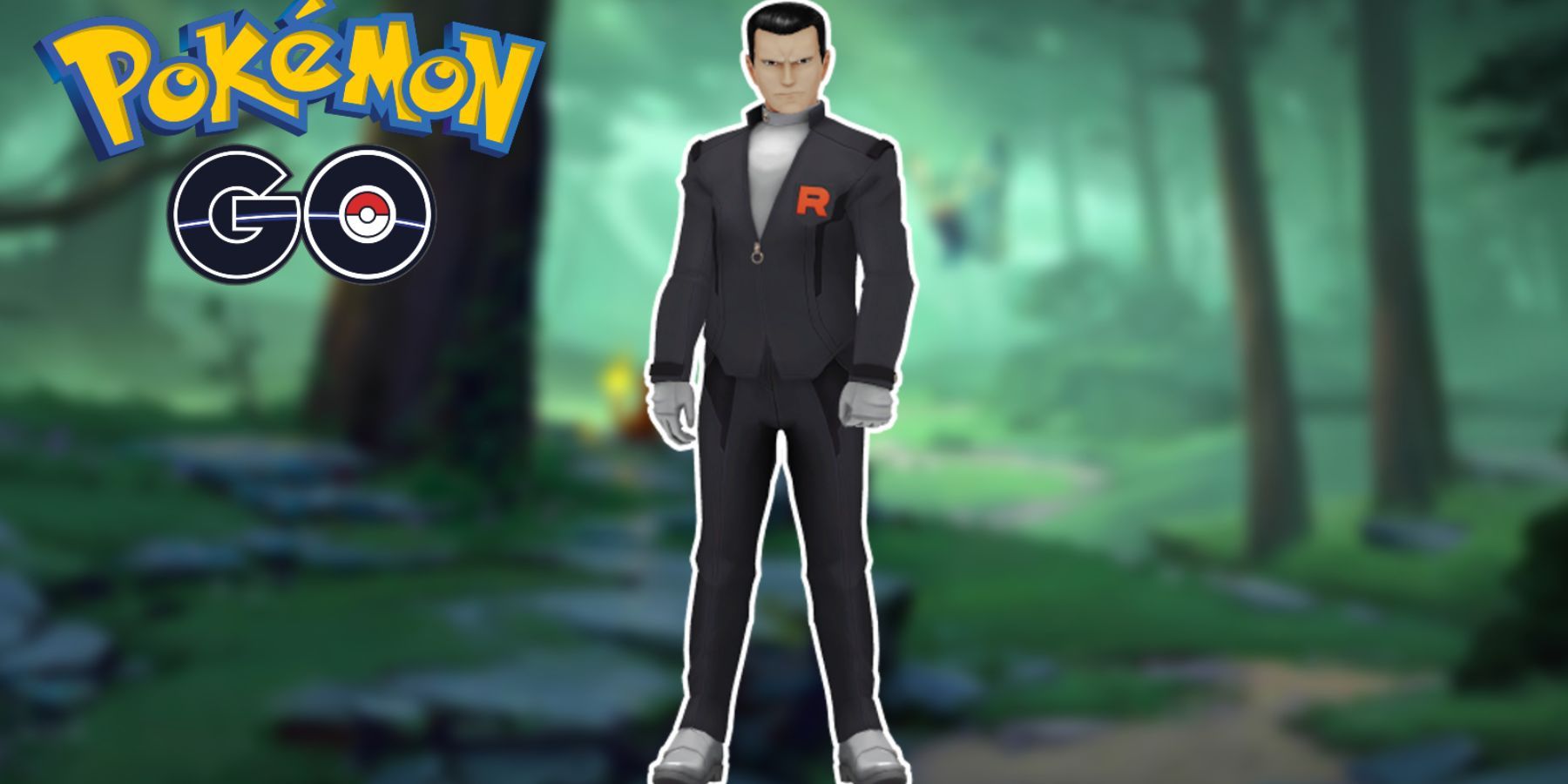Team Rocket boss Giovanni stands in a forested area with the Pokemon GO logo to his left