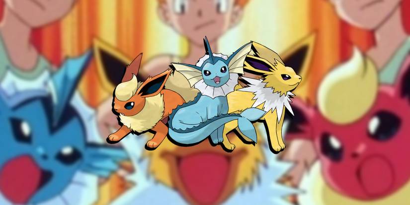 Pokemon - Jolteon Flareon Vaporeon PNGS over image of all three of them in Pokemon anime
