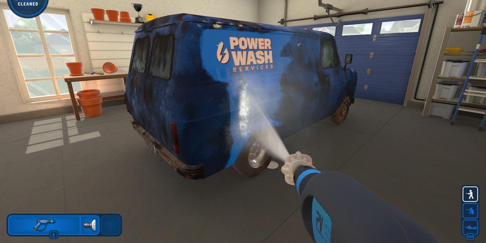 A van with the logo "Power Wash Services" displayed on it being hosed down in PowerWash Simulator