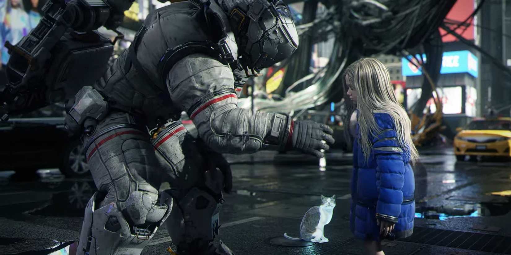 pragmata soldier girl and cat screenshot