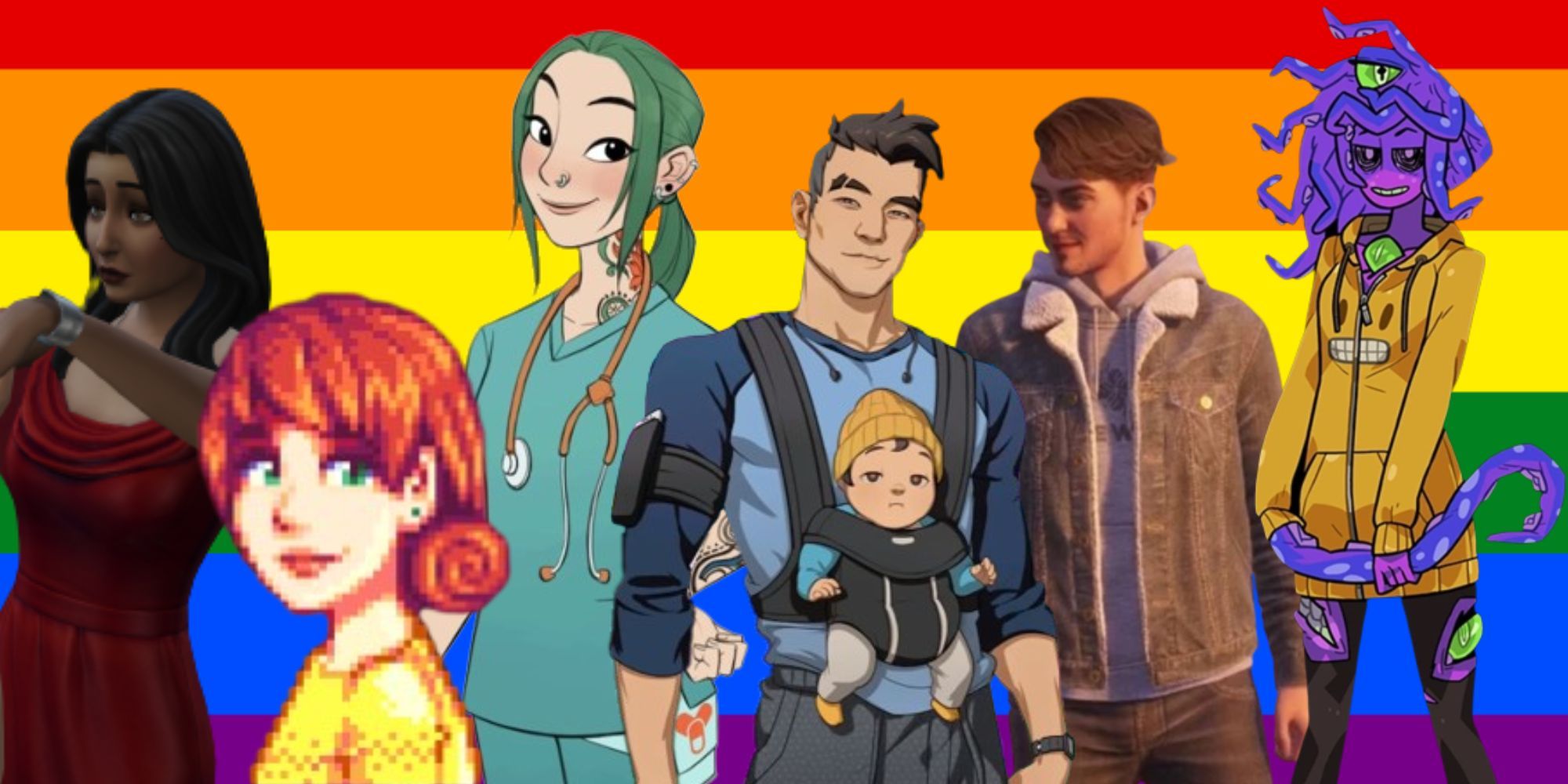 pride flag with bella goth from the sims 4, penny from stardew valley, yuri from coral island, craig from dream daddy, tyler ronan from tell me why and zoe from monster prom
