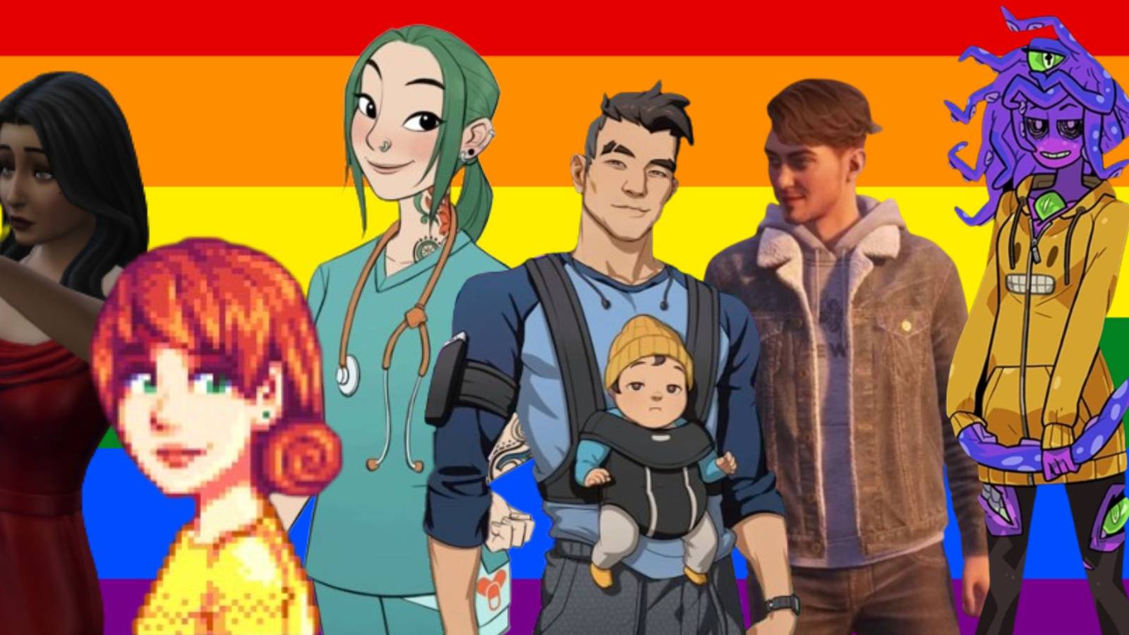 pride flag with bella goth from the sims 4, penny from stardew valley, yuri from coral island, craig from dream daddy, tyler ronan from tell me why and zoe from monster prom