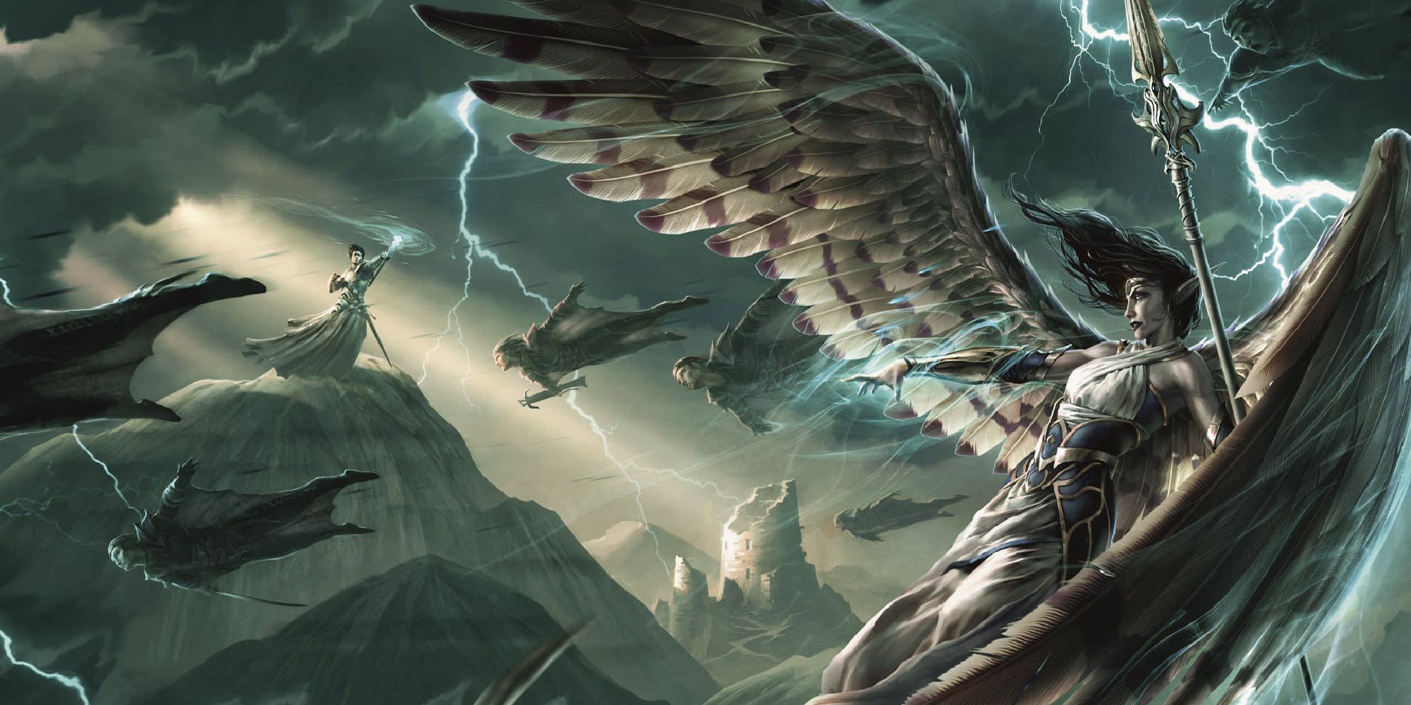 Arte da capa oficial de Princes of the Apocalypse Wizards of the Coast Humaoids voam através de um céu destruído por uma tempestade, dirigidos por um humanóide alado. 