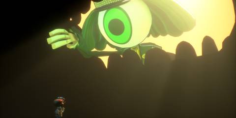 An individual who has an eyeball for a head looking inside a giant mouth looking down at Raz in Psychonauts 2