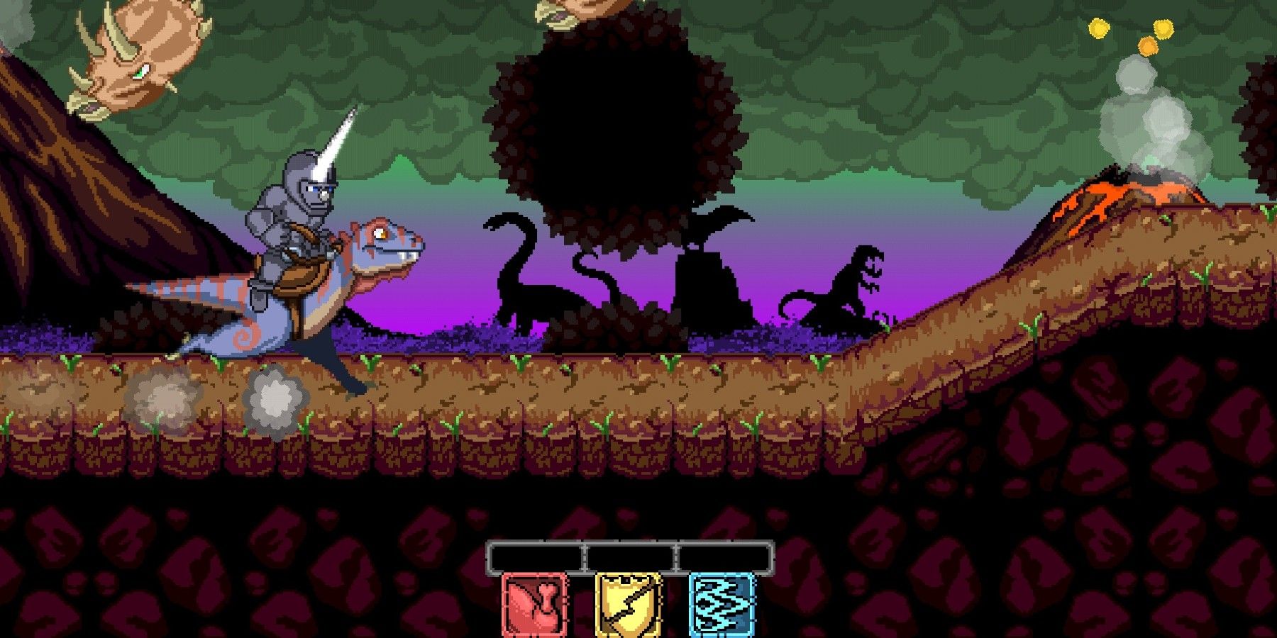 Punch Quest game knight on dinosaur running through jurassic setting