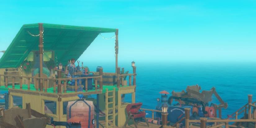 A screenshot featuring a raft at sea with many items of furniture from Raft.