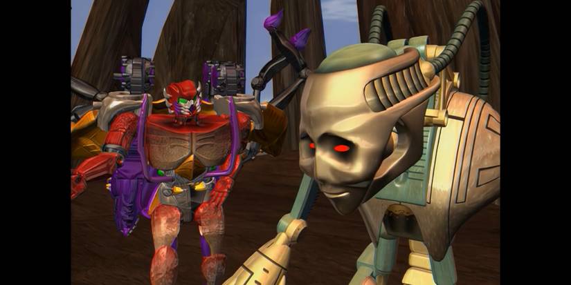 Rampage, a red Predacon (left), and Transmutate, pale, with a humanoid face and glowing red eyes (right).