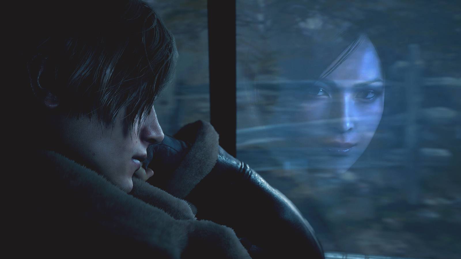 Resident Evil 4 Remake Leon looking at reflection of Ada composite