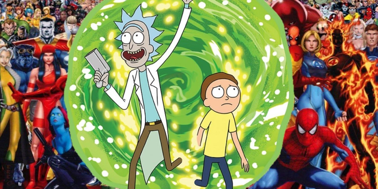 Rick and Morty step out of a portal surrounded by Marvel characters
