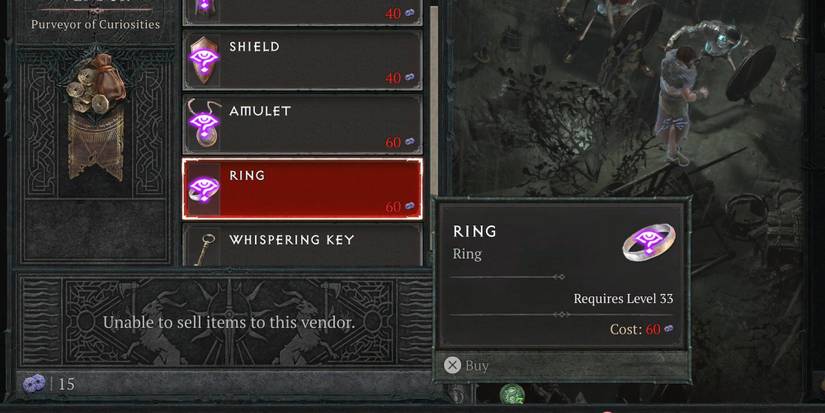 A player buying a Ring from the Purveyor of Curiosities in Diablo 4