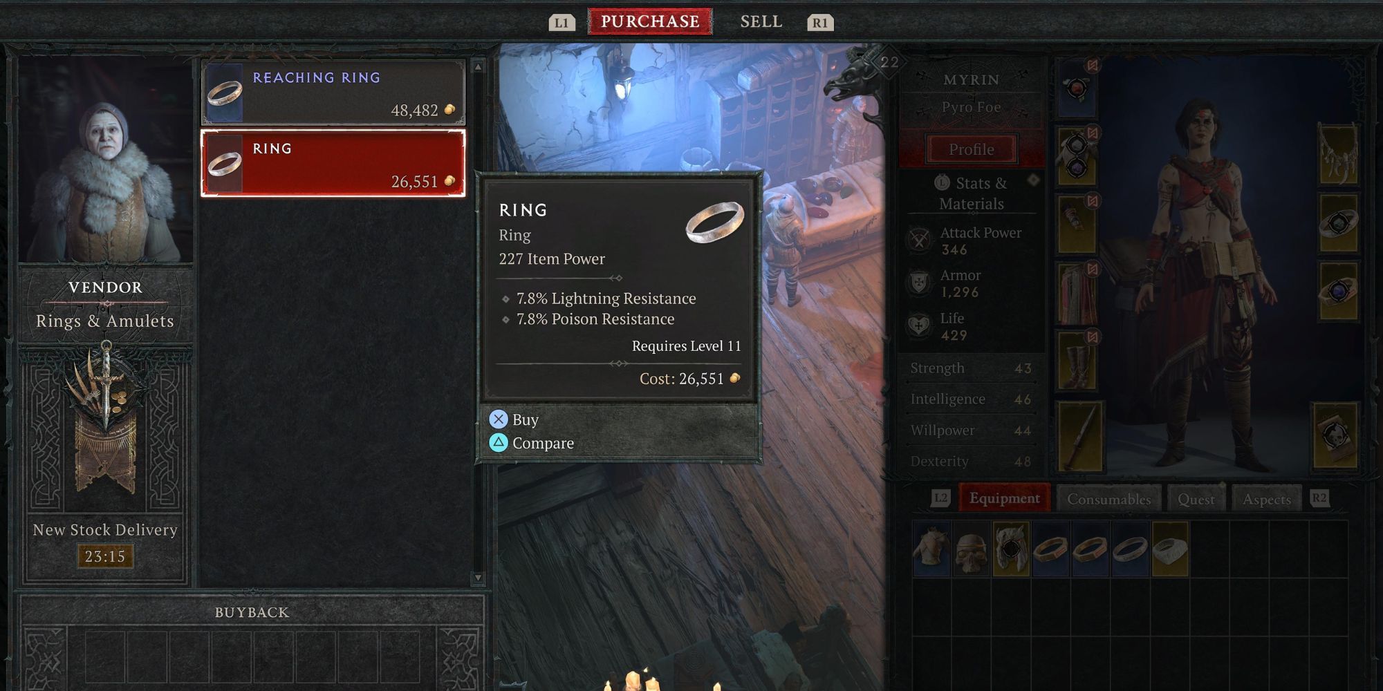 A player looking at a plain ring at a merchant in Diablo 4