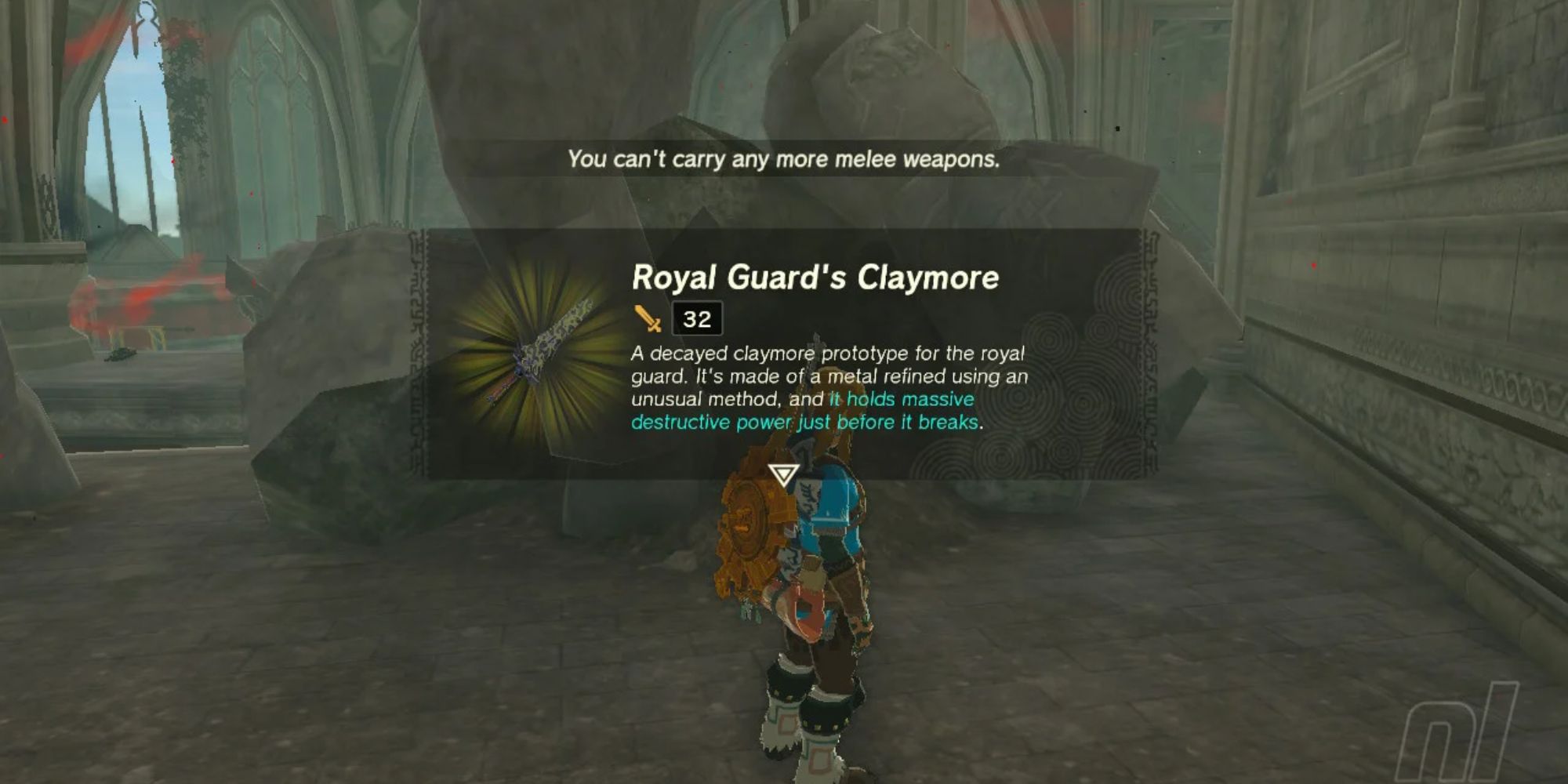 Link finding a Royal Guard's Claymore in Hyrule Castle