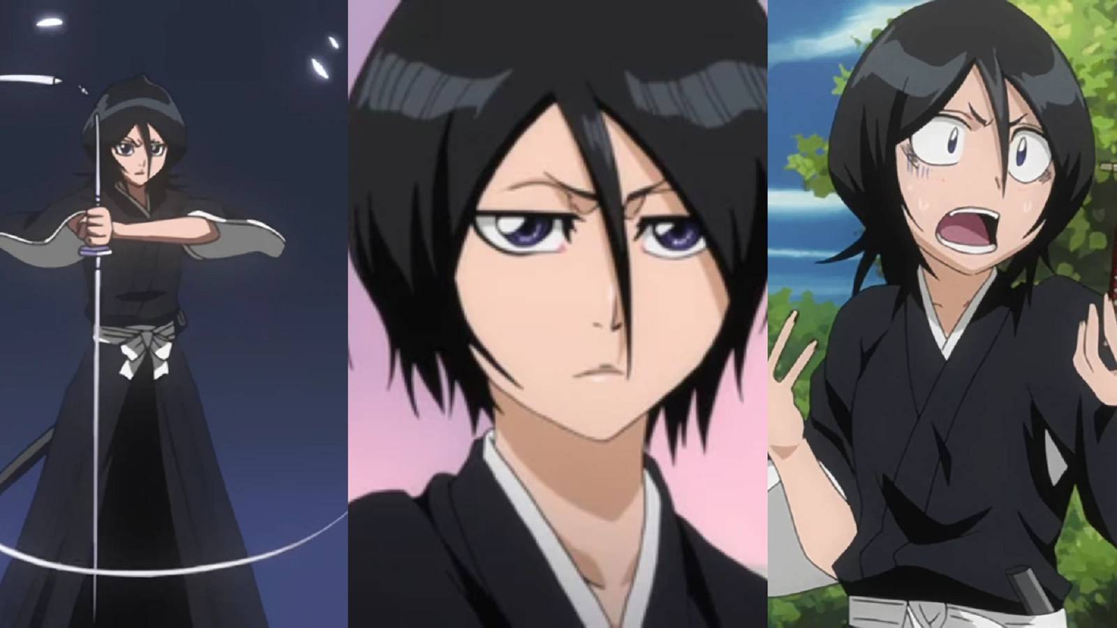 Split image of Rukia releasing Sode no Shirayuki, Rukia during her fight with Riruka Dokugamine, and Rukia strugging to grasp her sword in the Bleach anime