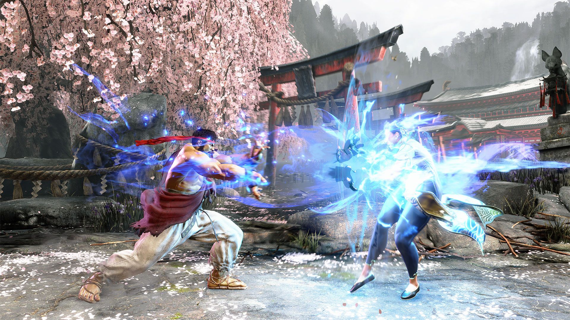 Ryu hits an enemy with Hadoken