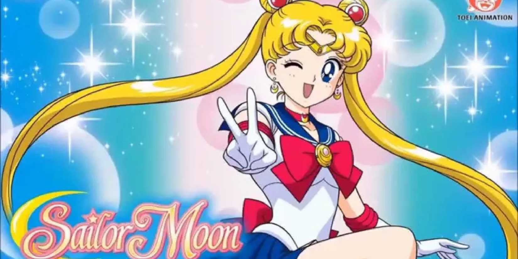 Title art of Sailor Moon, showing Usagi in her magical girl form, smiling, winking and showing a peace sign to the camera. 