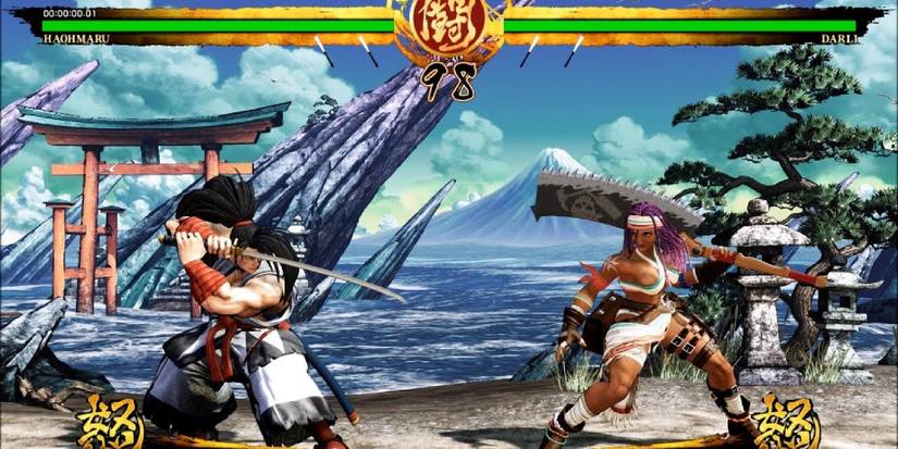 Two characters drawn in anime-esque style, preparing to fight with their weapons drawn. 