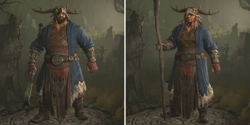 A male and a female Druid in the Sand-Worn armor set in Diablo 4