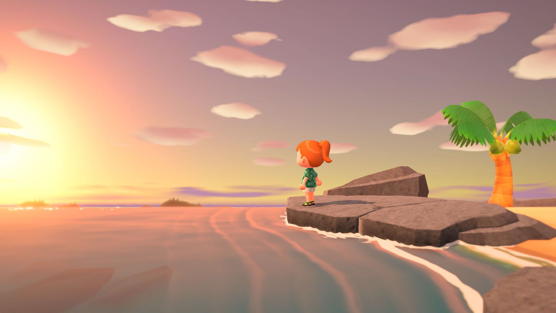 Animal Crossing New Horizons standing on rock looking over ocean