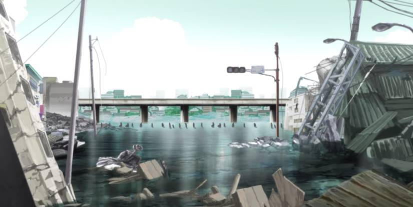 Flooding and destroyed buildings