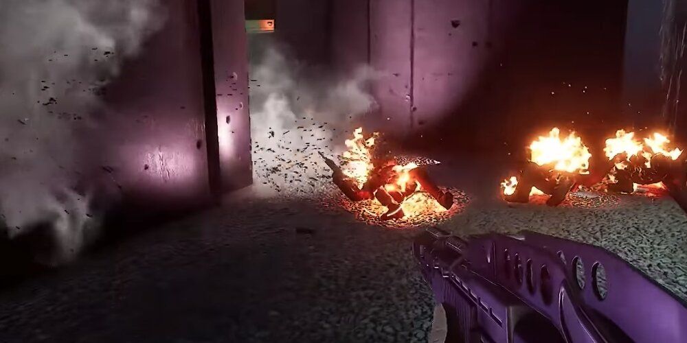 Fire Bomb Burning Enemies As The Player Walks Past