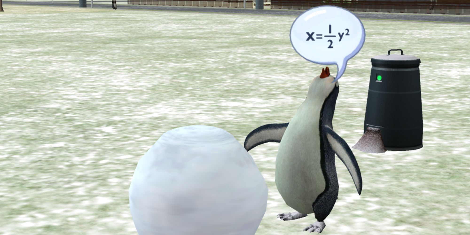 A penguin talking to a snowball in The Sims 2: Seasons