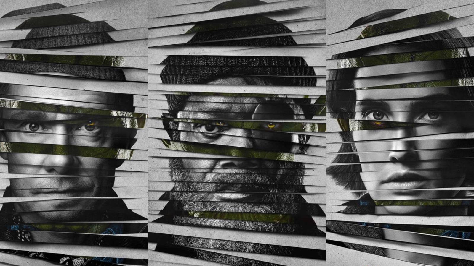 A split image features Secret Invasion posters for Everett Ross, Nick Fury, and Maria Hill in which their faces through blinds reveal Skrull features